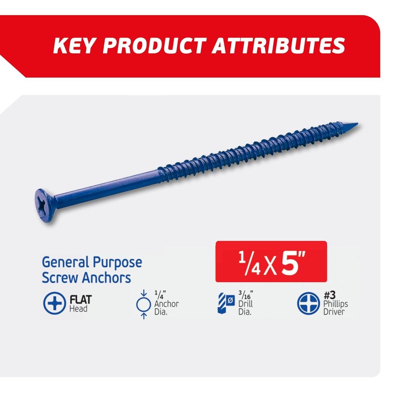 FixMaster 1/4 x 5 Countersunk Phillips Flat Head Blue Concrete Screw Anchors (100 pcs Screw Kit) with one Screwdriver and Drill Bit for Concrete, Masonry, Block, Brick and Wood Fastening - Image 2